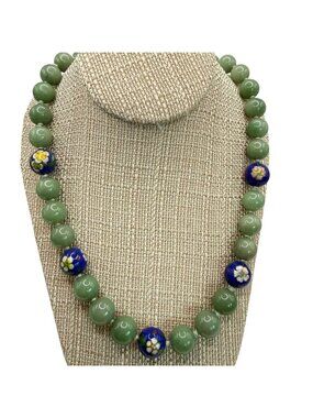 Vintage Chinese Jade & Cloisonné Bead Necklace 24" Nephrite Green Floral Accents